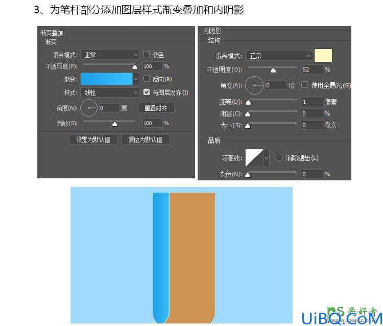 Photoshop鼠绘一支铅笔失量图标，精致的蓝色铅笔图标素材图。