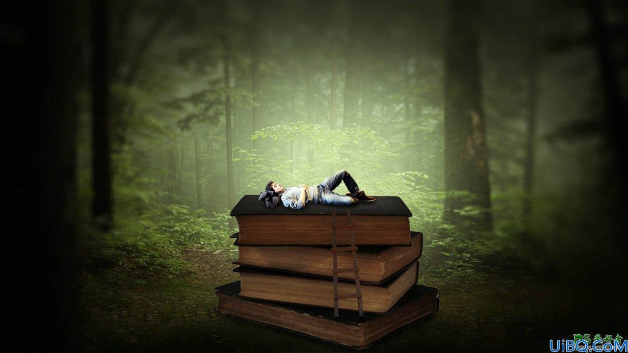 Photoshop合成教程：创意打造森林秘境中在书本上睡觉的男孩场景