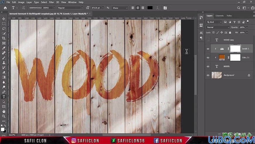 Photoshop制作木板上雕刻效果的文字，木纹立体字效。