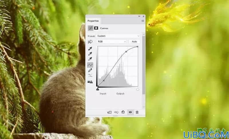 Photoshop图像合成实例：创意打造可爱的小菊猫与飞舞的金鱼玩耍场景。