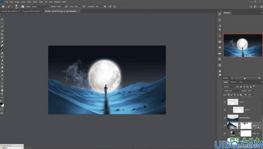 Photoshop奇幻合成实例：创意打造夜幕下走向月球的女孩儿奇幻场景。