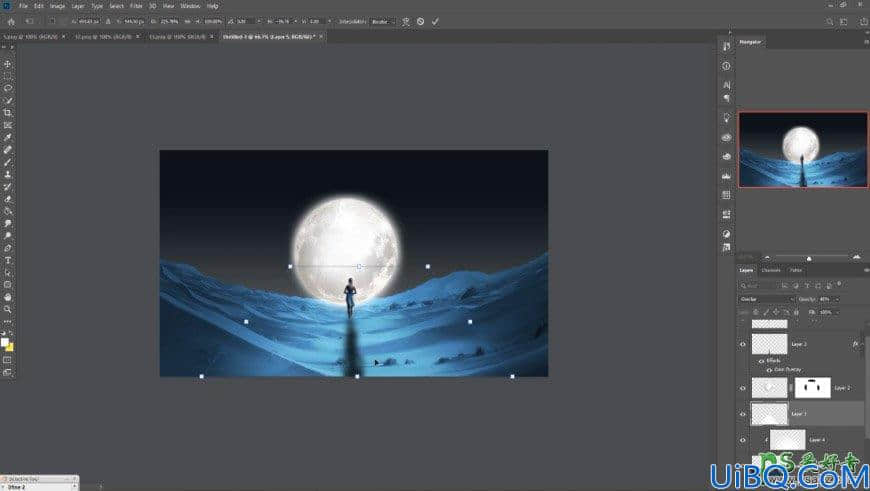 Photoshop奇幻合成实例：创意打造夜幕下走向月球的女孩儿奇幻场景。