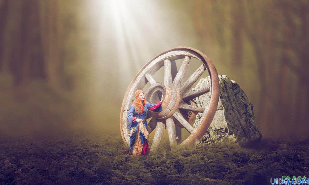 Photoshop场景合成：创意打造巨大的仿古车轮边自拍的金发妇女场景。