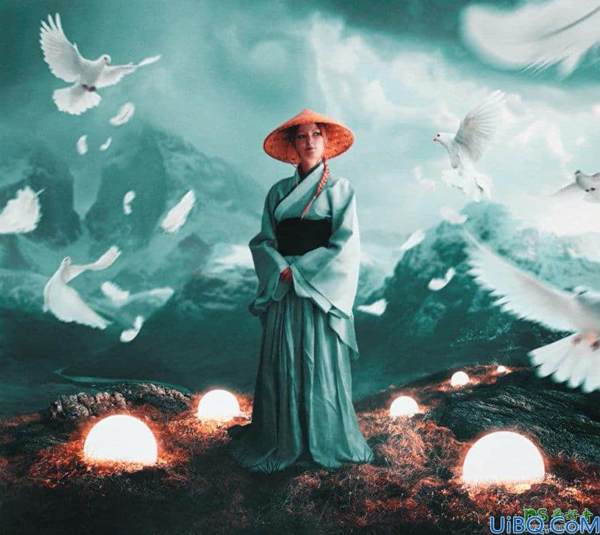 Photoshop唯美合成教程：创意打造女道长站在梦幻仙境般的山上场景。