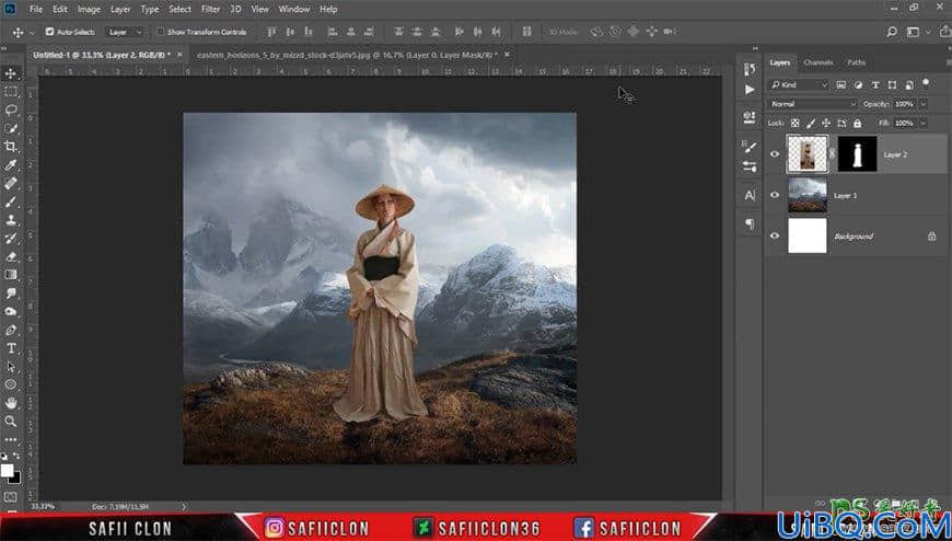 Photoshop唯美合成教程：创意打造女道长站在梦幻仙境般的山上场景。