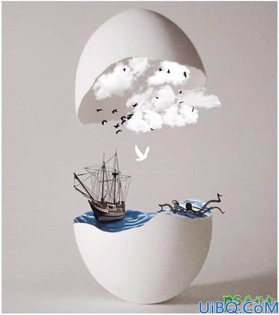 Photoshop创意合成蛋壳中的海洋场景，海盗船冒险场景图片。