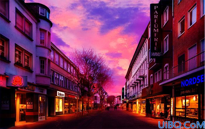 Photoshop后期调色教程：给繁华的城市街景照片后期调出炫丽的晚霞夜景色