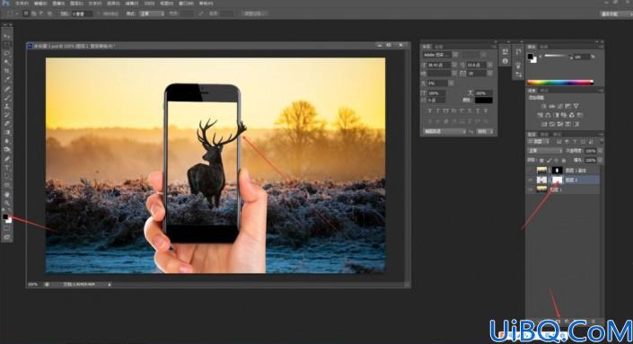 场景合成，通过Photoshop合成一副小鹿钻出手机的3D出屏画面