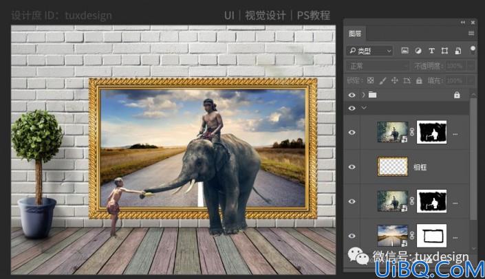 创意合成，制作一张大象从壁画中走向现实的场景