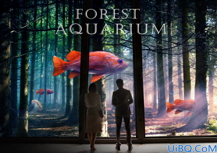 奇幻合成，制作一张超现实的森林里观鱼的场景
