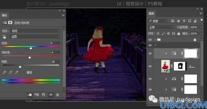 场景合成，合成桥上穿着红衣跳舞的小女孩场景照片