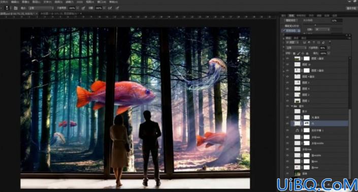 奇幻合成，制作一张超现实的森林里观鱼的场景