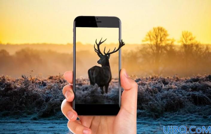 场景合成，通过Photoshop合成一副小鹿钻出手机的3D出屏画面
