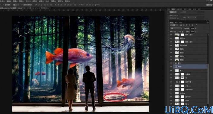 奇幻合成，制作一张超现实的森林里观鱼的场景