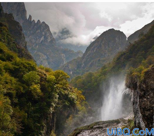 场景合成，合成一张深山瀑布风景照片