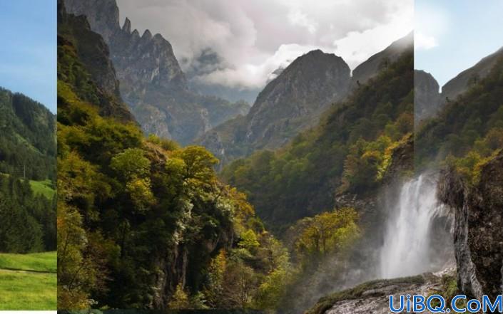 场景合成，合成一张深山瀑布风景照片