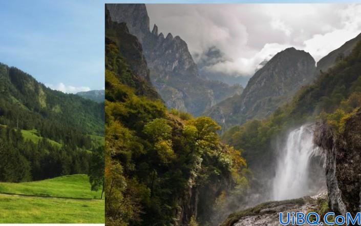 场景合成，合成一张深山瀑布风景照片