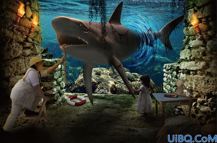 场景合成，用Photoshop合成逼真的大鲨鱼钻出水面照