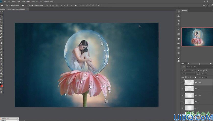 photoshop创意合成气泡中的少女奇幻场景，坐在荷花上的美丽女孩
