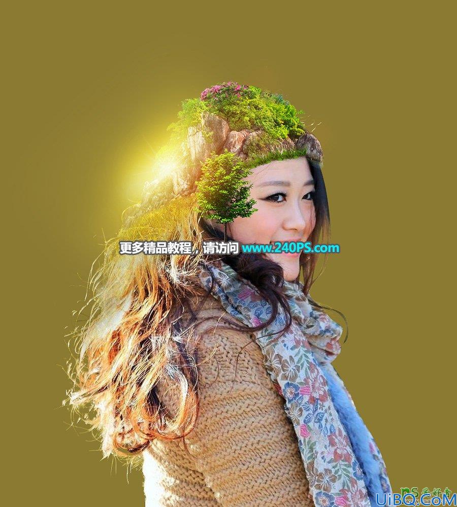 Photoshop人像合成教程：给美女头像创意合成出长满树木花草的景观图像。