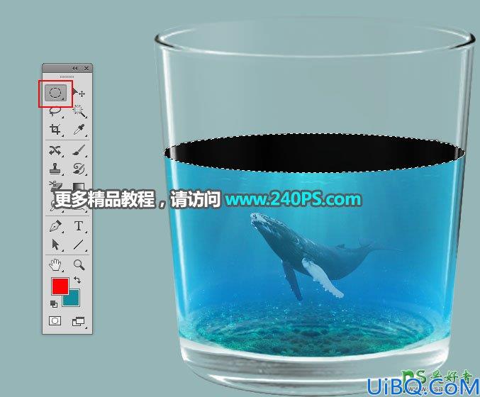 Photoshop合成教程：利用海底、海水、鲸鱼等素材合成水杯中的海岛透视图