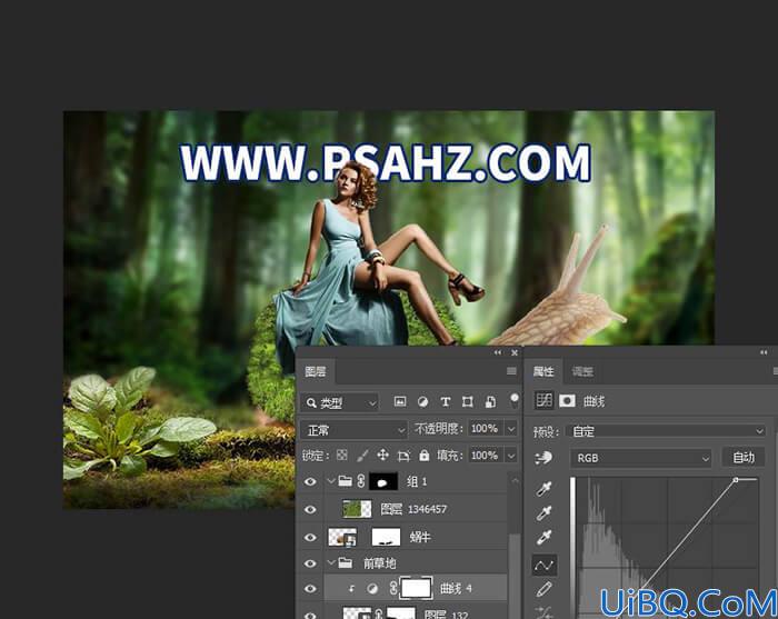 Photoshop美女人像合成实例：打造森林中蜗牛背上坐着的欧美美女景深图片
