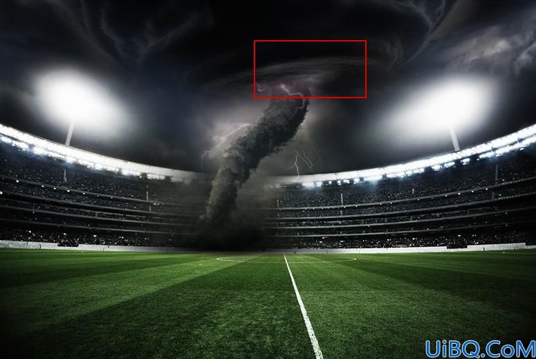 场景合成，合成一个被飓风吹袭的足球场。