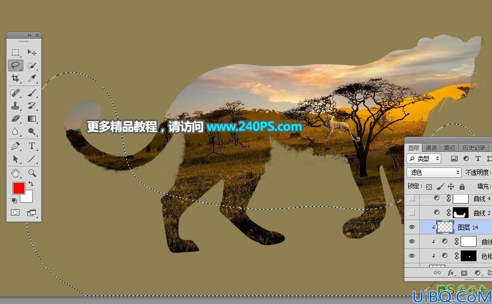 Photoshop创意合成花豹的二次曝光效果，让花豹融入了唯美的稀树草原。