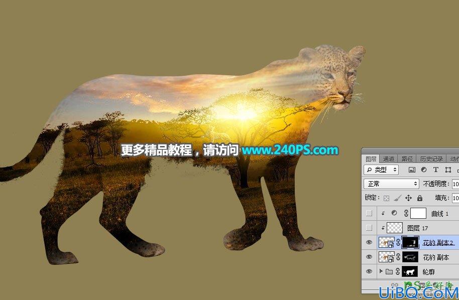 Photoshop创意合成花豹的二次曝光效果，让花豹融入了唯美的稀树草原。