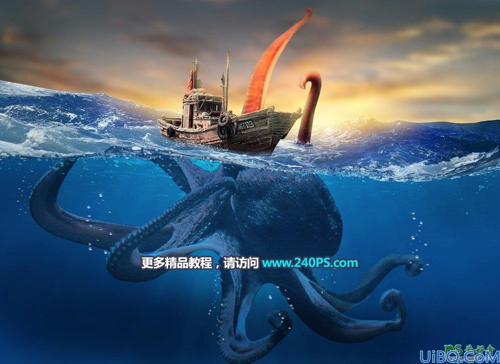 Photoshop创意合成一艘海盗船与水下巨型章鱼激战的场景图片