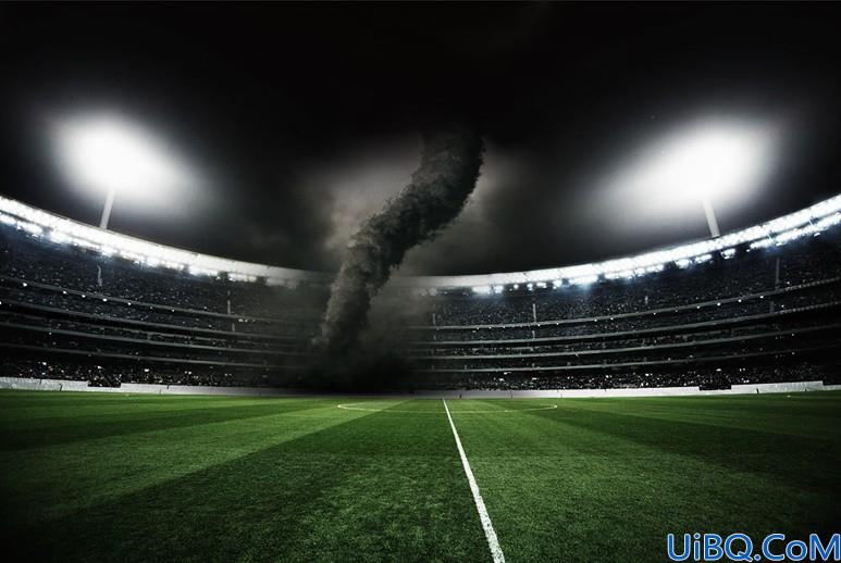 场景合成，合成一个被飓风吹袭的足球场。