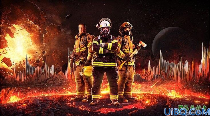 Photoshop合成教程：利用消防员素材图合成出壮观的火焰科幻场景图片
