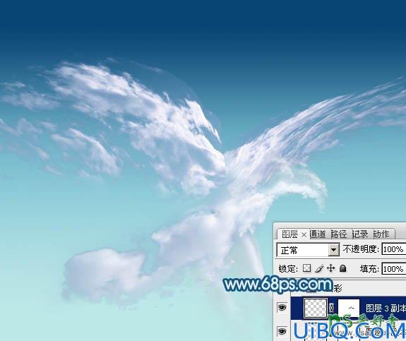 Photoshop创意合成云彩组成的飞鹰图片，天空中的云朵飞鹰霸气图