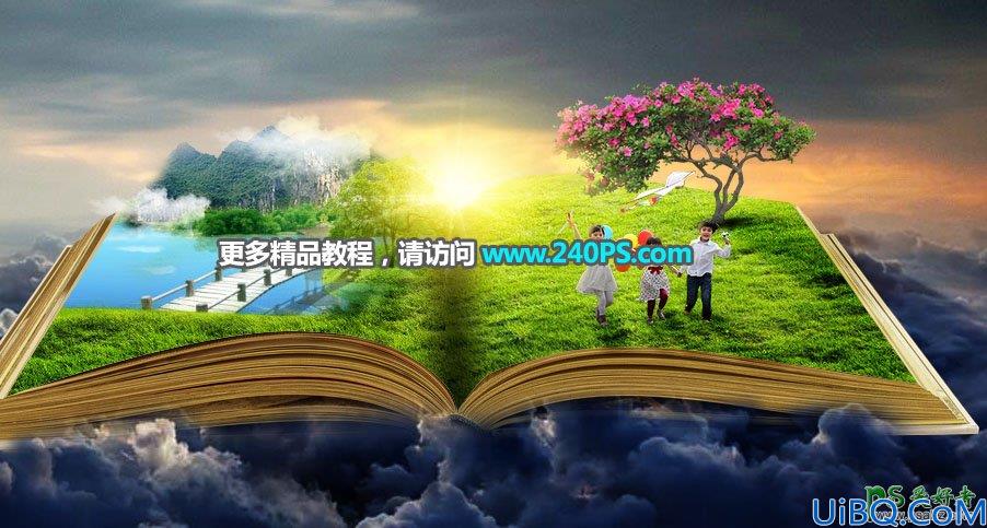 Photoshop合成在云端书本上嬉戏的小朋友，感受春天大自然的无限美好