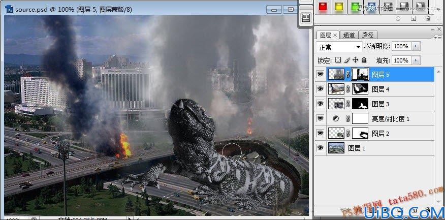 Photoshop合成城中哥斯拉