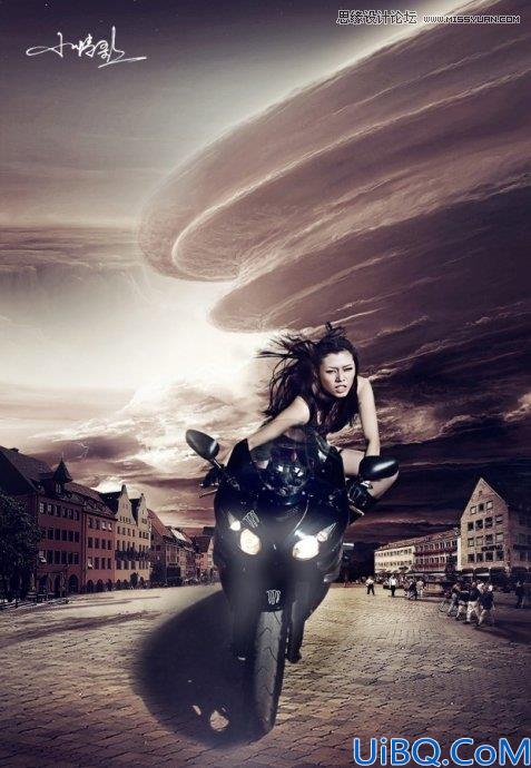 Photoshop合成远离灾难城市的女摩托车手