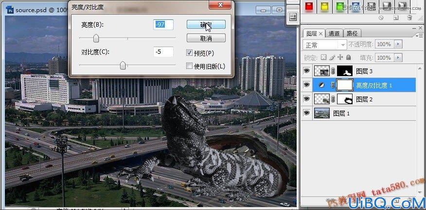 Photoshop合成城中哥斯拉