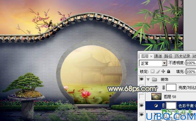 Photoshop创意合成唯美意境风格的江南园林景观图片，霞光中的园