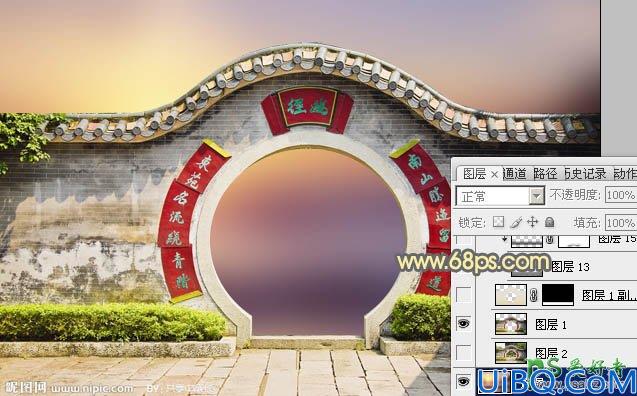 Photoshop创意合成唯美意境风格的江南园林景观图片，霞光中的园