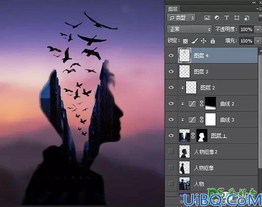 Photoshop合成教程：把人物头像剪影与飞鸟完美结合，打造出二次曝光作品