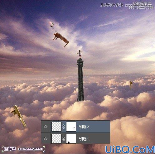 Photoshop合成云层上的铁塔女孩场景