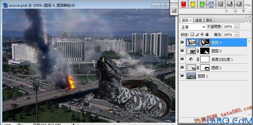 Photoshop合成城中哥斯拉