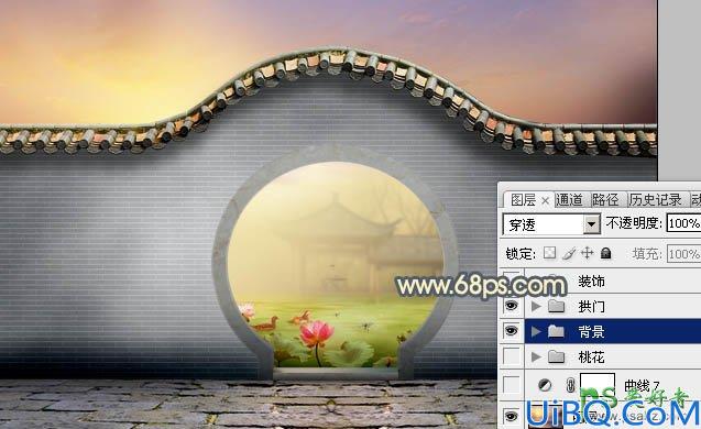 Photoshop创意合成唯美意境风格的江南园林景观图片，霞光中的园