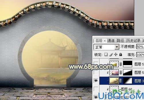 Photoshop创意合成唯美意境风格的江南园林景观图片，霞光中的园