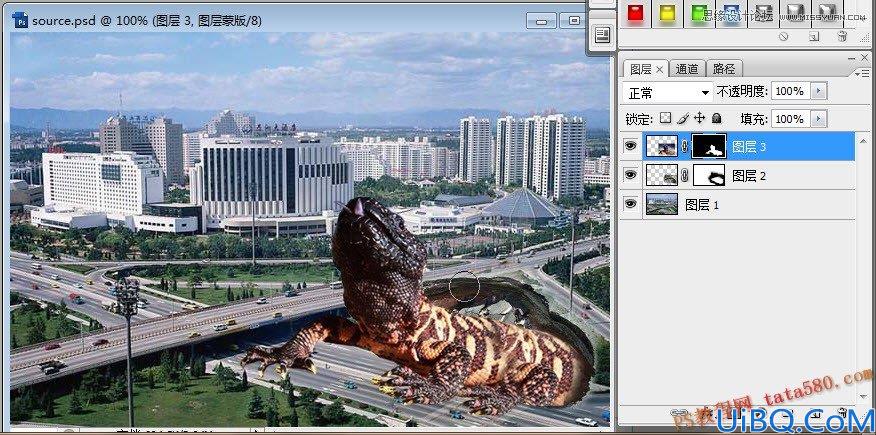 Photoshop合成城中哥斯拉