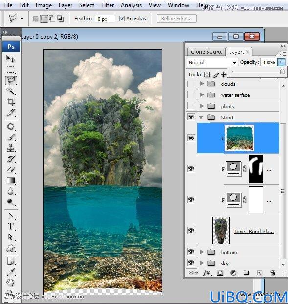 Photoshop创意合成海水中漂流的许愿瓶和海岛
