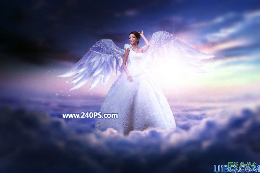 Photoshop创意合成云端上的婚纱照美女，云端的梦幻蓝色天使少女图片
