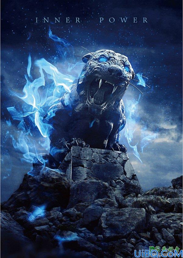 Photoshop合成荒野中发着恐怖幽暗蓝光的凶猛大老虎石头雕像