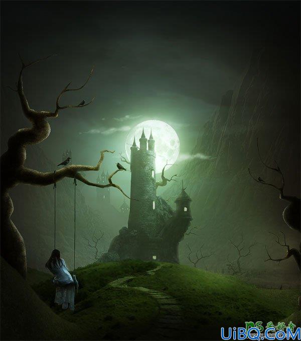 Photoshop合成月光下恐怖风格的古城堡图片，非常慎人的感觉。