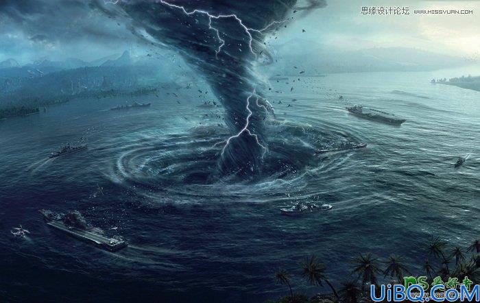 利用photoshop把海洋中的水龙卷与闪电合成出闪电炸裂龙卷风的效